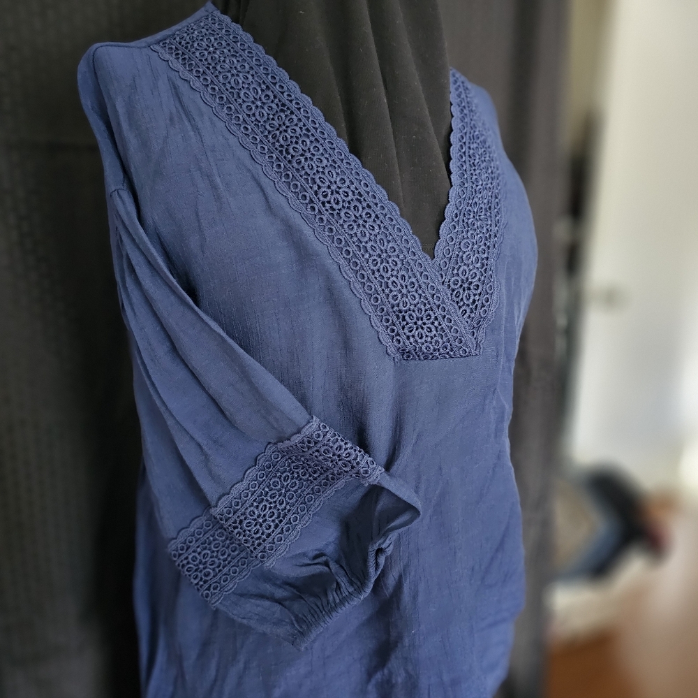 Counterparts Navy Blue Blouse with Lace Trim